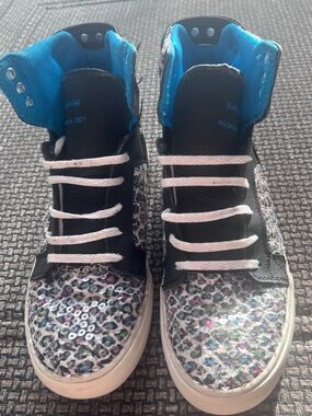 Supra Muska 001 Multicolor Sequin High-Top Sneakers in Black, Pink, Blue US 5